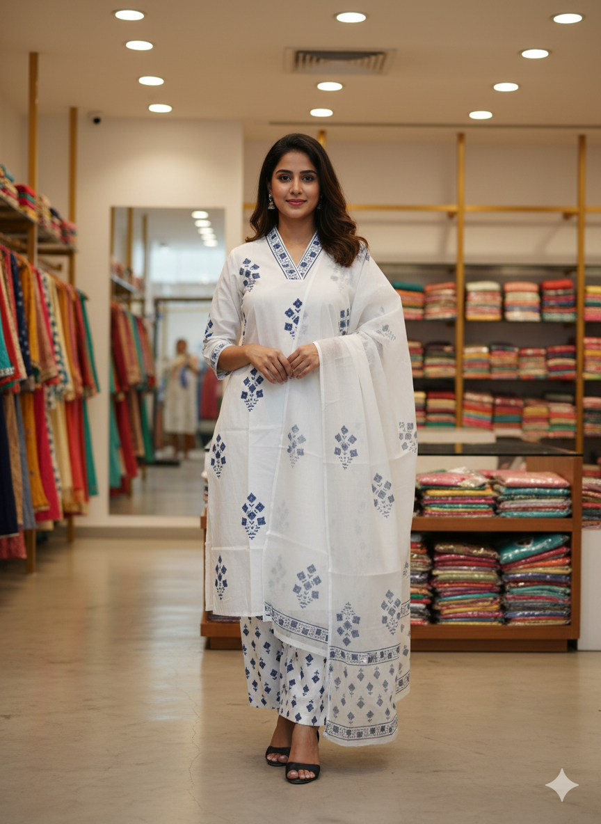 Handblock three piece dupatta set